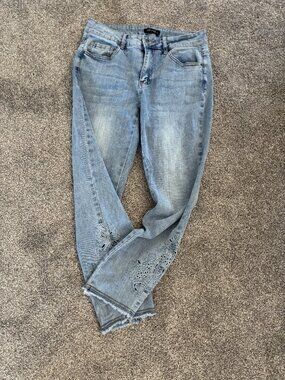 Charlie B Jeans in  Light Wash Denim with Open Design on legs and Frayed Bottom